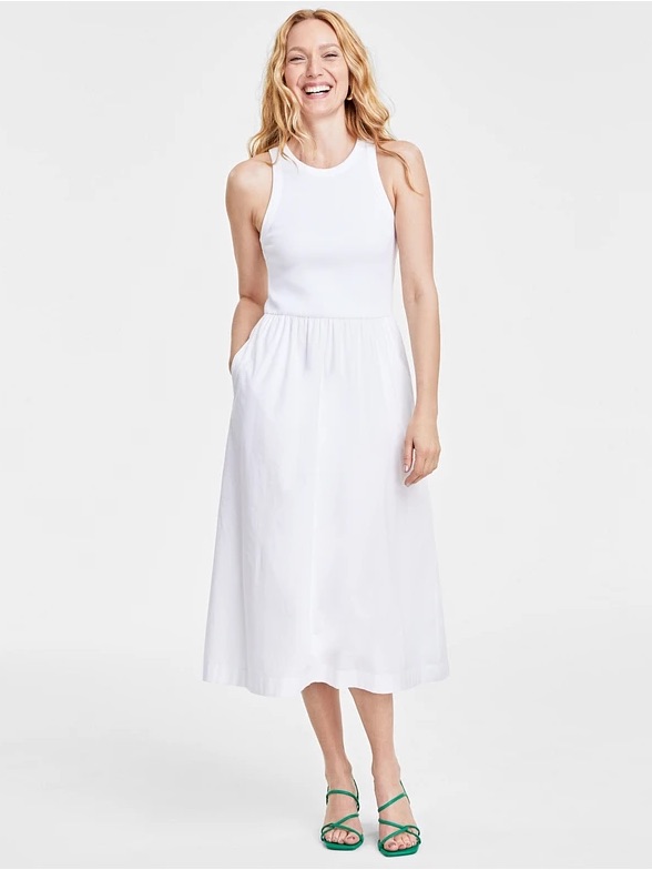 On 34th Round-Neck Ribbed-Bodice Midi Dress